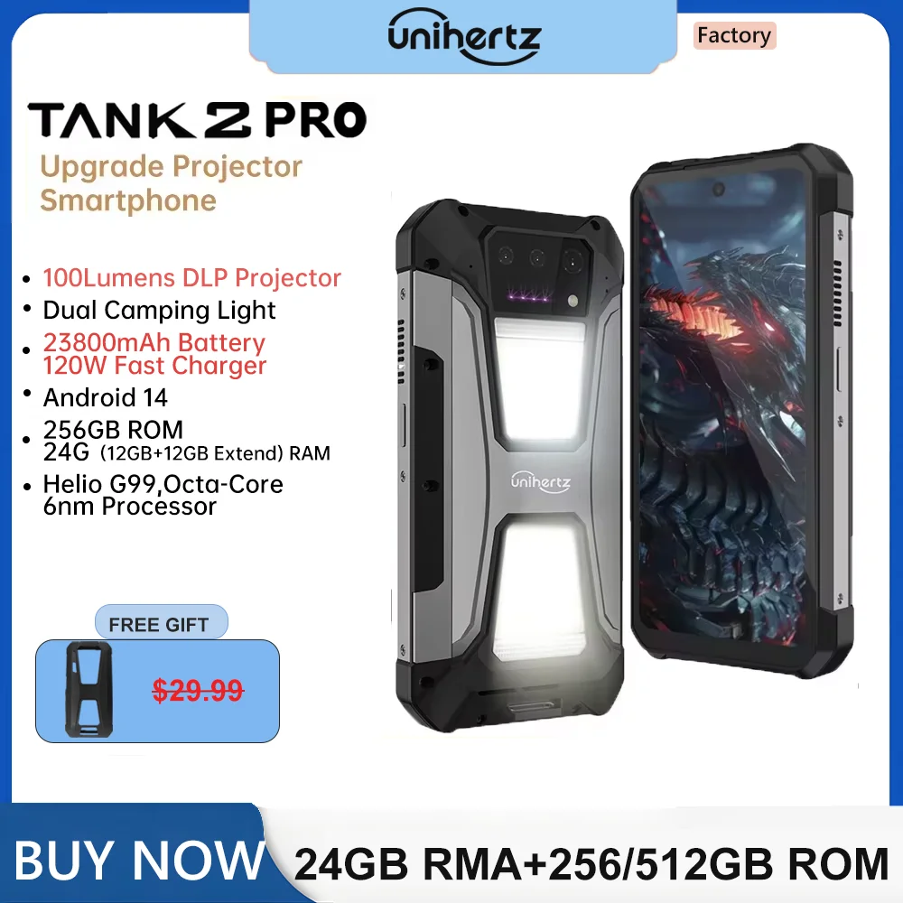 Wytrzymały smartfon MX Warehouse Unihertz 8849 Tank 2 PRO z projektorem, bateria Android 14,24 + 256 GB 23800 mAh, ładowarka 120 W