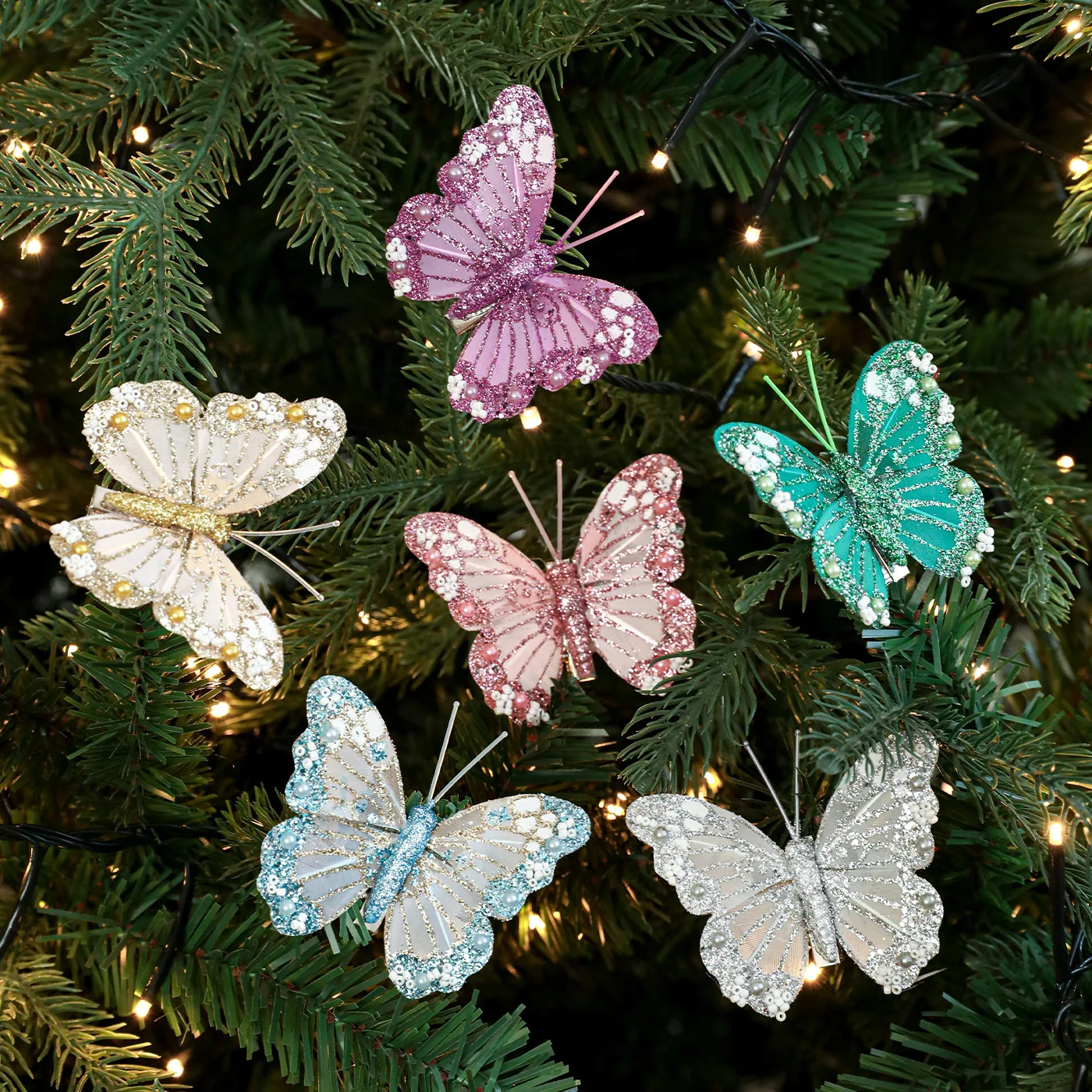 

6Pcs Christmas Decor Colorful Butterfly Christmas Tree Hanging Decor Skeleton Glitter Simulation Hanging Clip Atmosphere Decor
