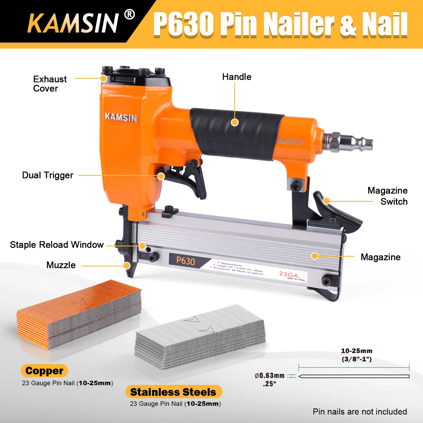 KAMSIN P630 23 Gauge Pneumatic Compact Headless Micro Pin Nailer Gun, Fits 10-30mm Leg Length Nails, for Cabinets, Woodworking