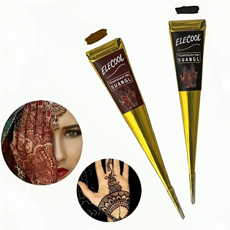 Semi Permanent Henna Paste 3 Set Brown Black with Stencil Body Paint Waterproof Gentle for Party Festival Cosplay Decor