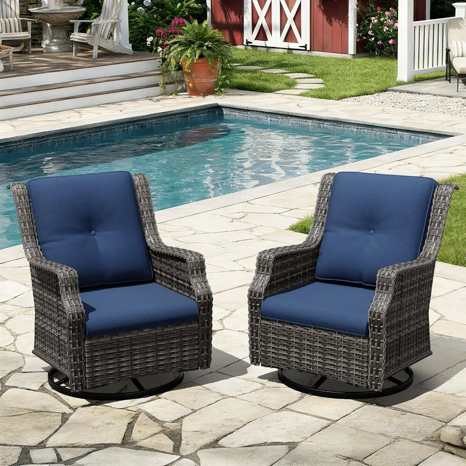 Swivel Rattan Patio Chairs Set of 2 with Thick Cushions Curved Armrest Deep Seating for Porch Deck Balcony, Customized