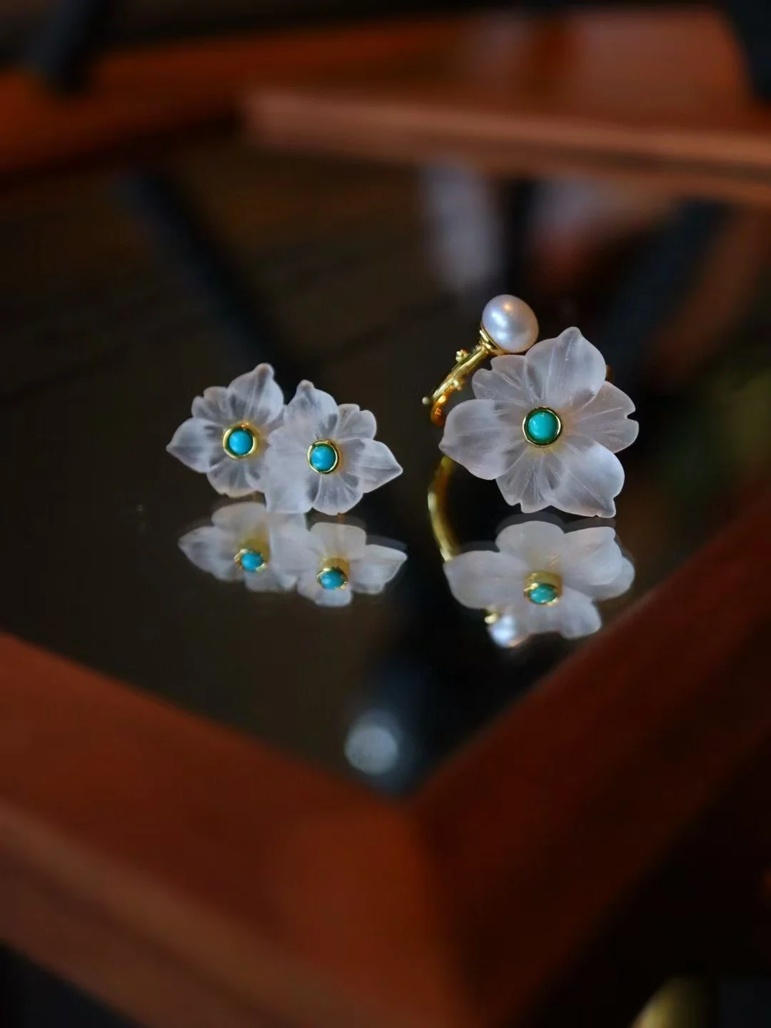 

Delicate 925 Sterling Silver Accessories Natural White Crystal Turquoise Freshwater Pearl Ring Earring Jewelry Set Luxury Gifts