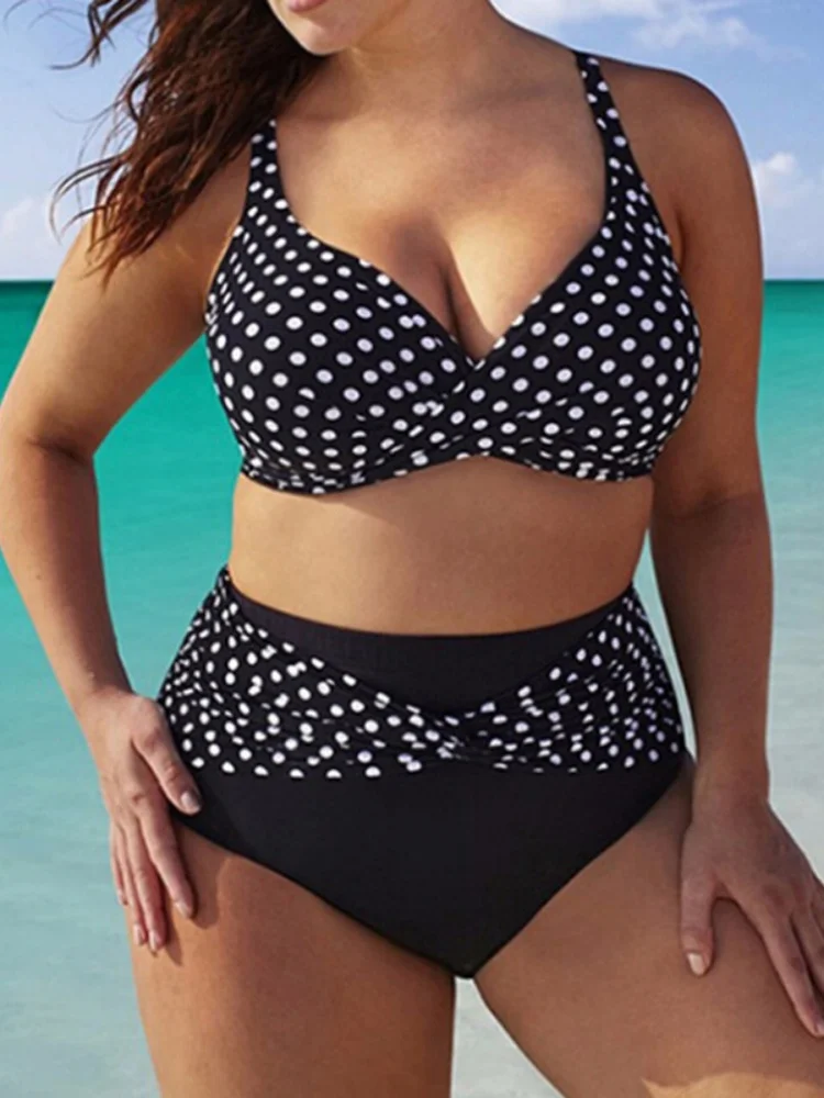 Plus Size Women Polka Dot Bikini Set Twist Front V‑Neck High Waist Tummy Control 2 Piece Bathing Suit Retro Swimwear for Beach