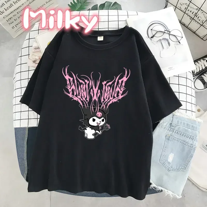 

Punk Gothic Kuromi Print Short Sleeve Melody T-shirt Women Tops Summer Streetwear O-neck Harajuku Cartoon Tshirt Girls Crush Tee