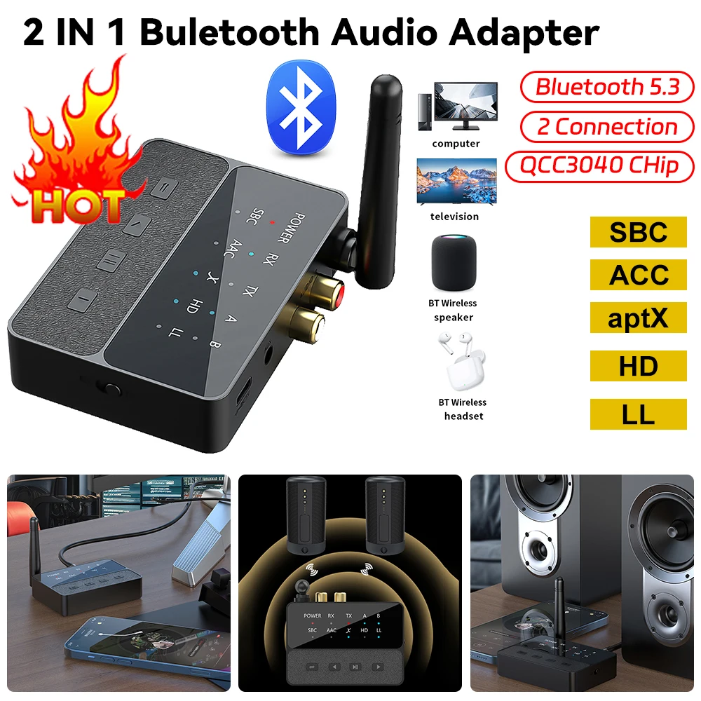 2 in 1 Bluetooth 5.3 Audio Adapter AptX/HD/LL Receiver Transmitter RCA AUX QCC3040 Wireless HIFI Stereo Adapter Lossless Sound