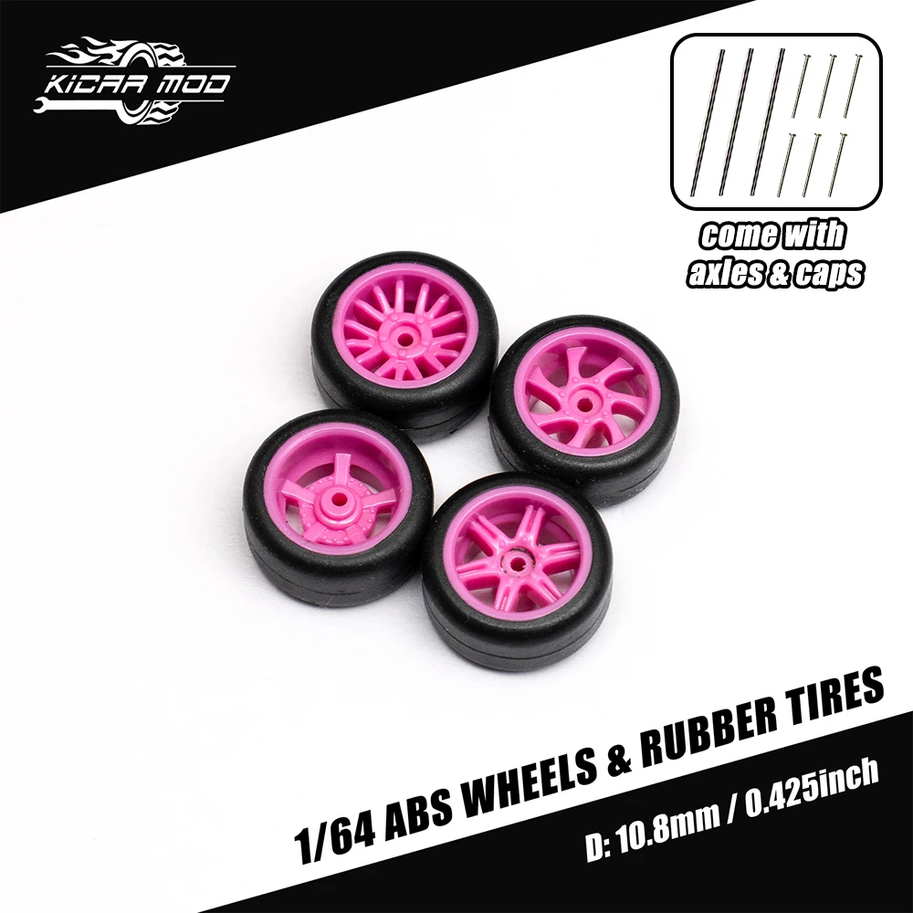 1/64 Model Car Pink Wheels with Fixed Rubber Tires Comes with Rivets for Diecast Model Refitting Parts for MINIGT 4pcs 1set