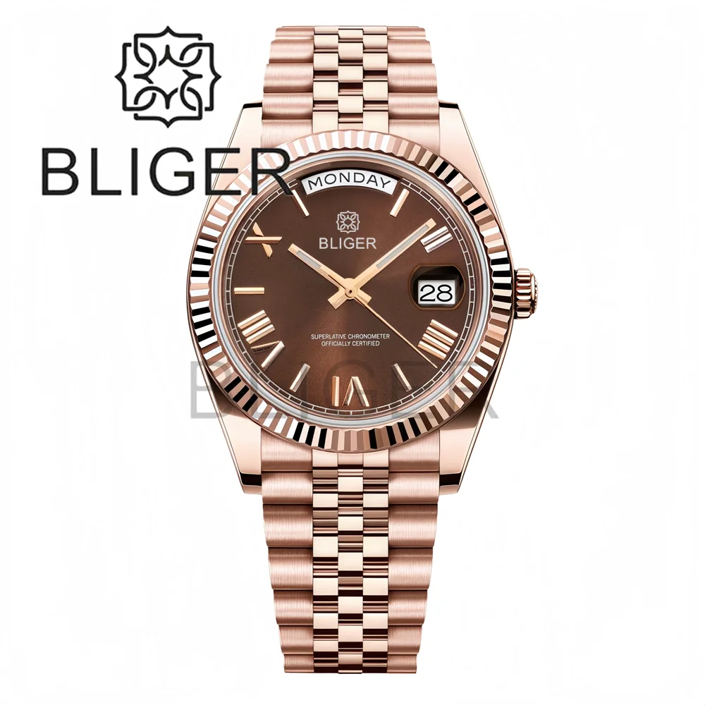 BLIGER Luxury Men's MIYOTA 8285 Movement Mechanical Watches Sapphire Glass 10Bar Week Day Function Sunburst Dial Reloj Hombre