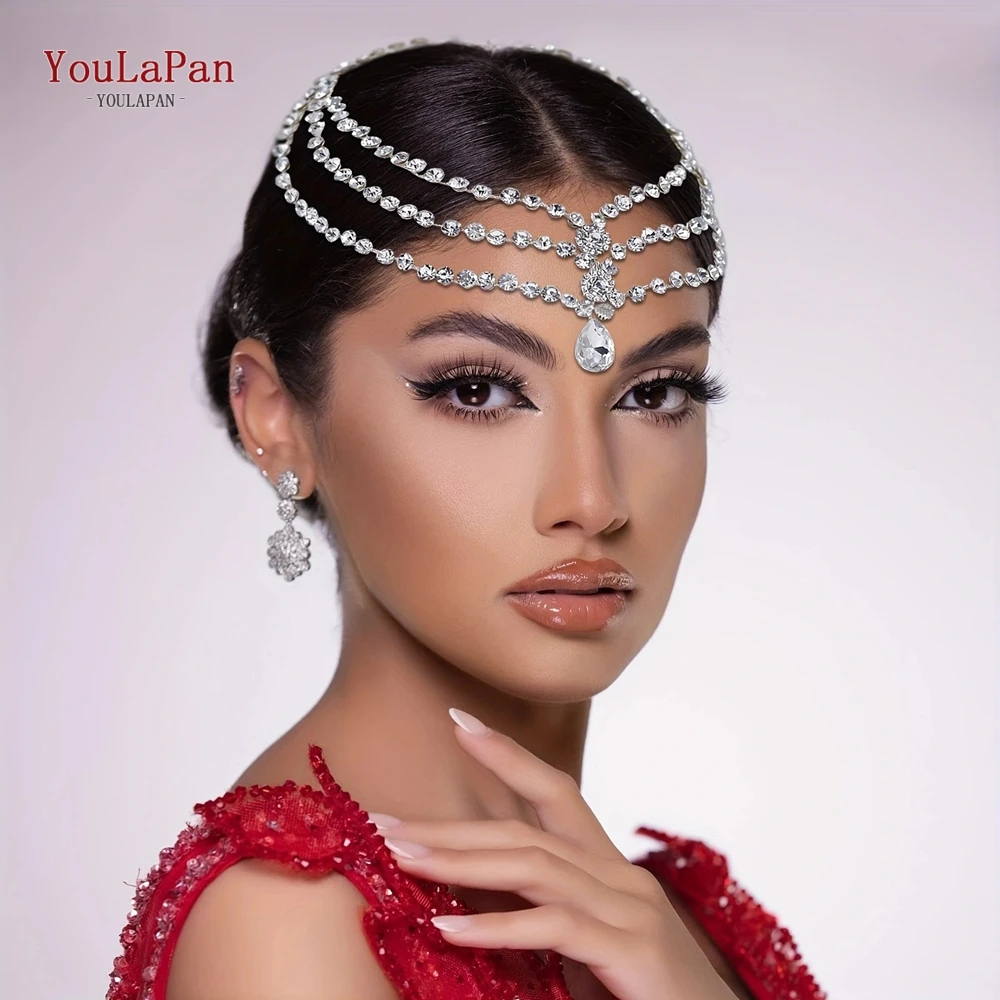 TOPQUEEN Bridal Forehead Hair Pieces Bride Rhinestone Crown Tiara Crystal Headband Head Jewellery Women Wedding HP593