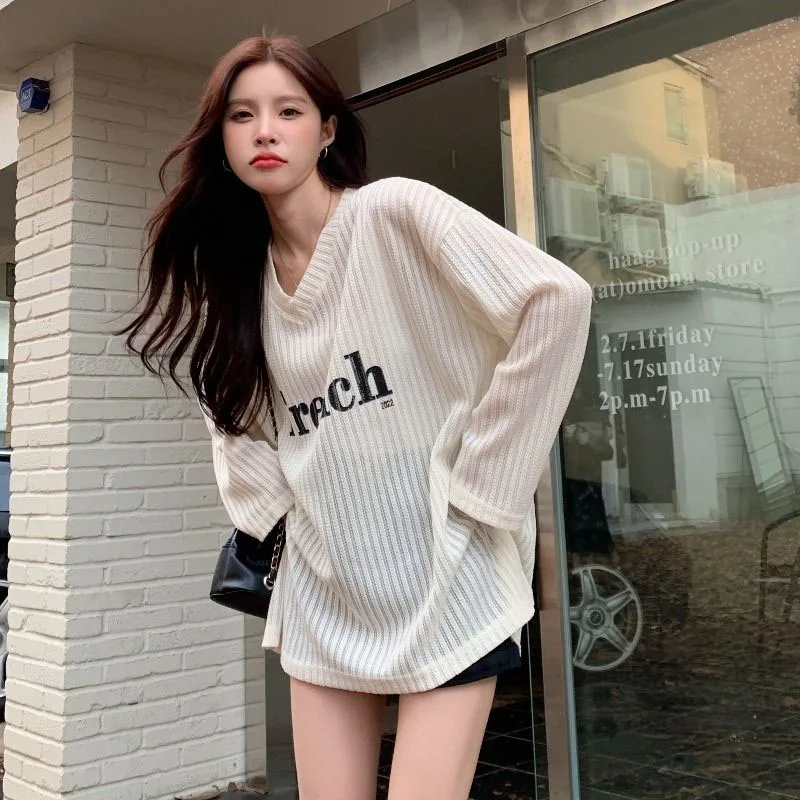 Women Clothing Fashion Loose Letter Printing T-shirts Spring Summer Casual Solid Hollow Out Top Tee Cotton Long Sleeve Pullovers