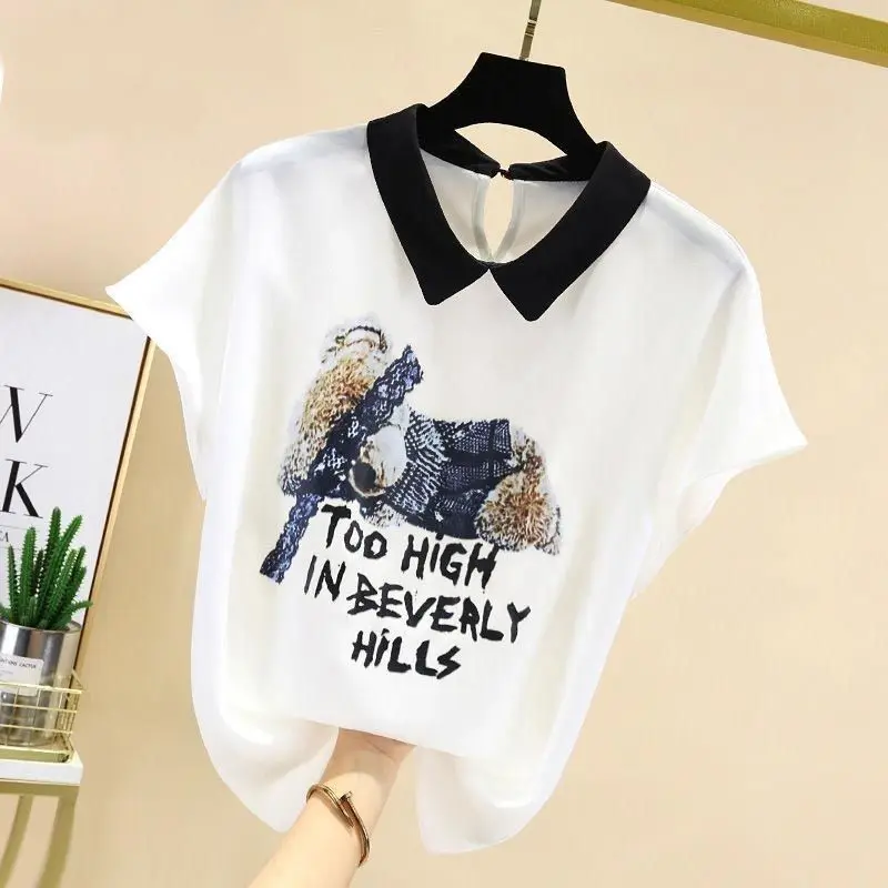 

White Chiffon Print Blouse Summer New Short Sleeve Solid Color Contrast Loose Office Shirt Tops Elegant Fashion Women Clothing