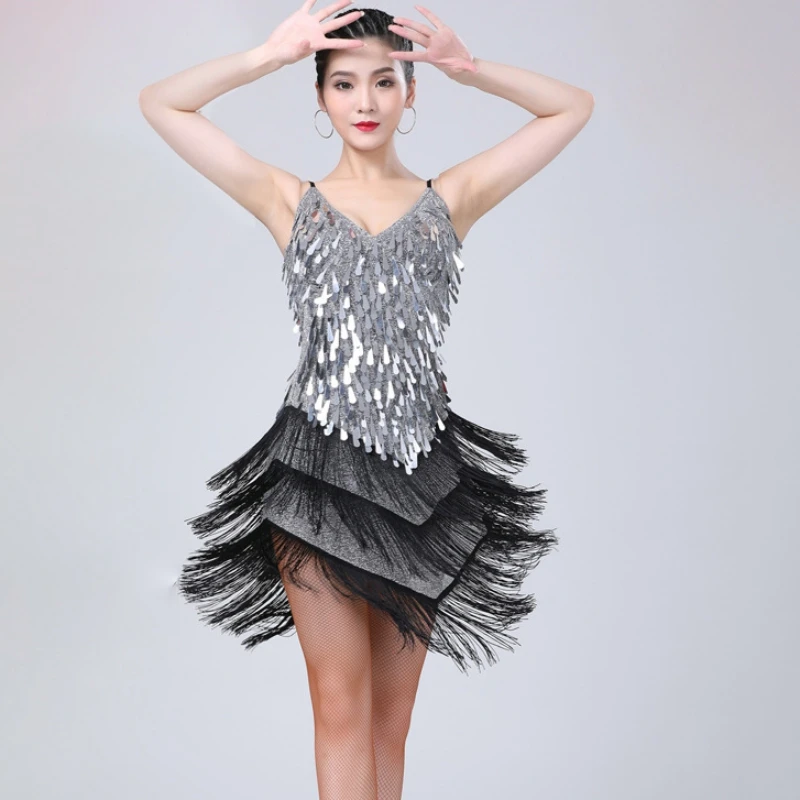 Latin Dance Dress Competition Costumes Skirt Sequin Tassel Various Color Sling Fringe Adult Children Dance Performing Skirt Wear