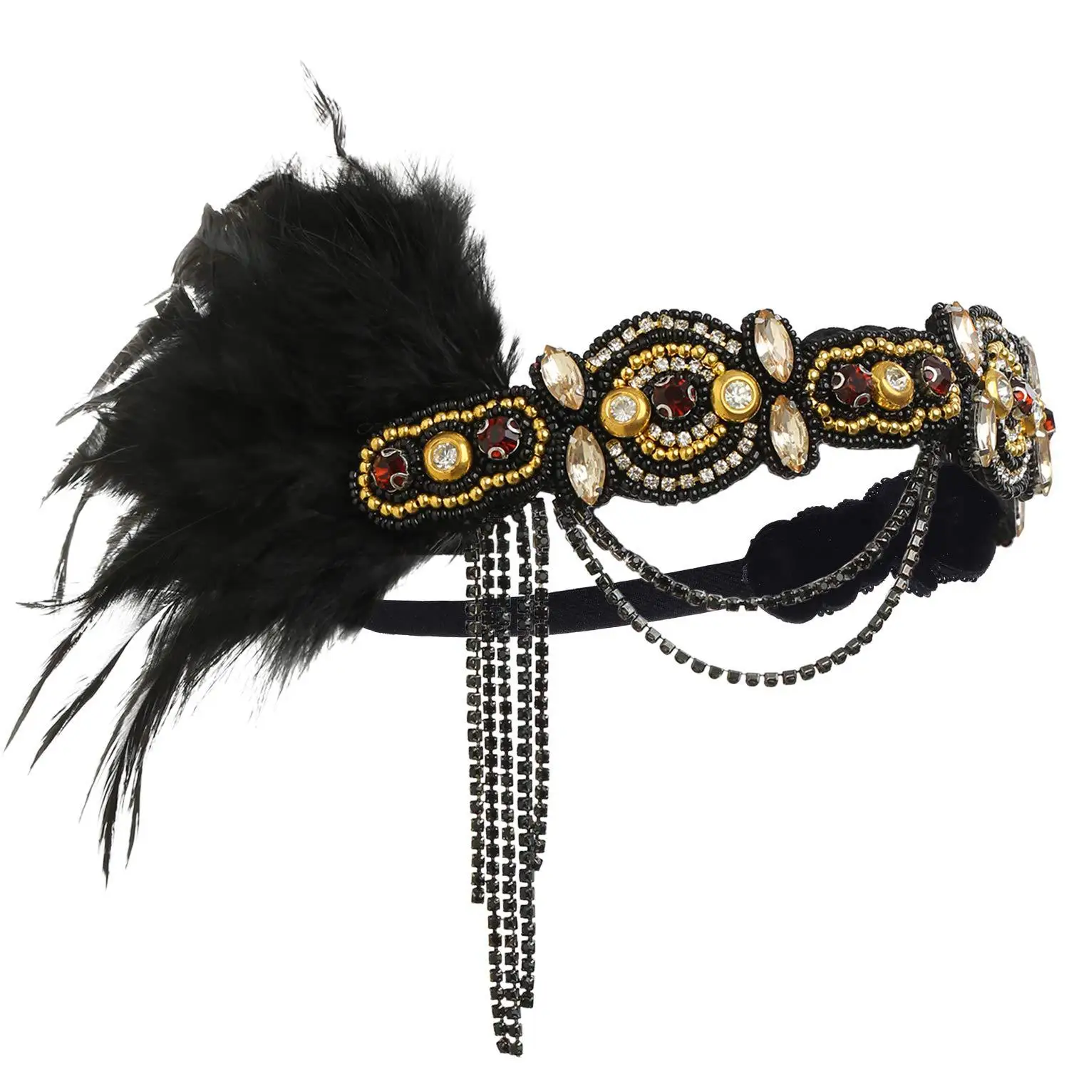 Woman\'s Gatsby Feather Headband Black Shiny Rhinestone Pearls Tassels Forehead Decoration 1920s Gatsby Party Carnival Accessorie