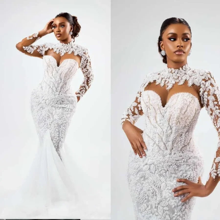 

Customized High Collar Sparkly Heavy Beads Stunning Wedding Dress For Bride Robe De Mariée Long Sleeves Mermaid Bridal Gowns