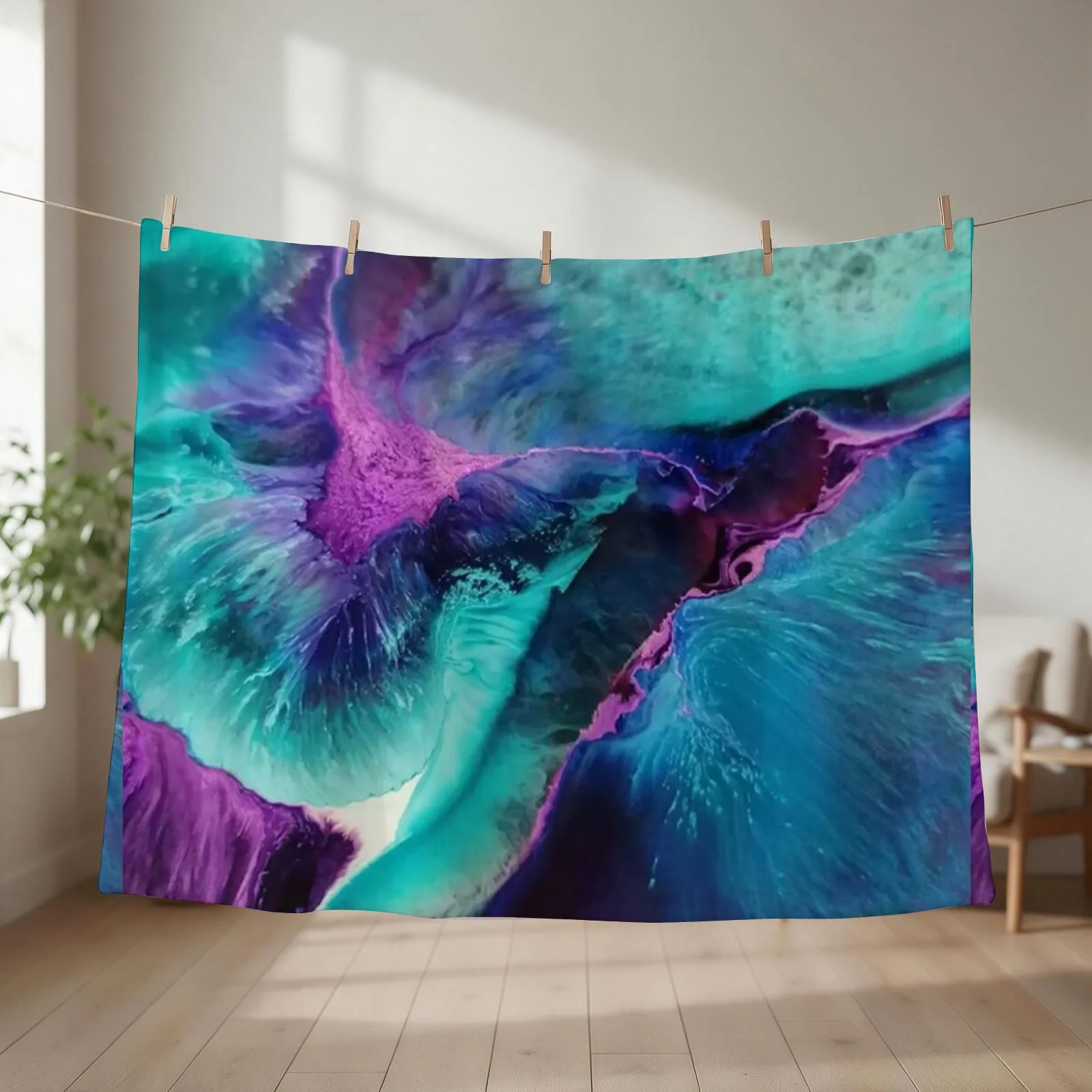 Mermaid Lagoon Resin Ink Art in Blue, Pink and Purple Throw Blanket couch cozy soft plush fuzzy picnic outdoor blanket
