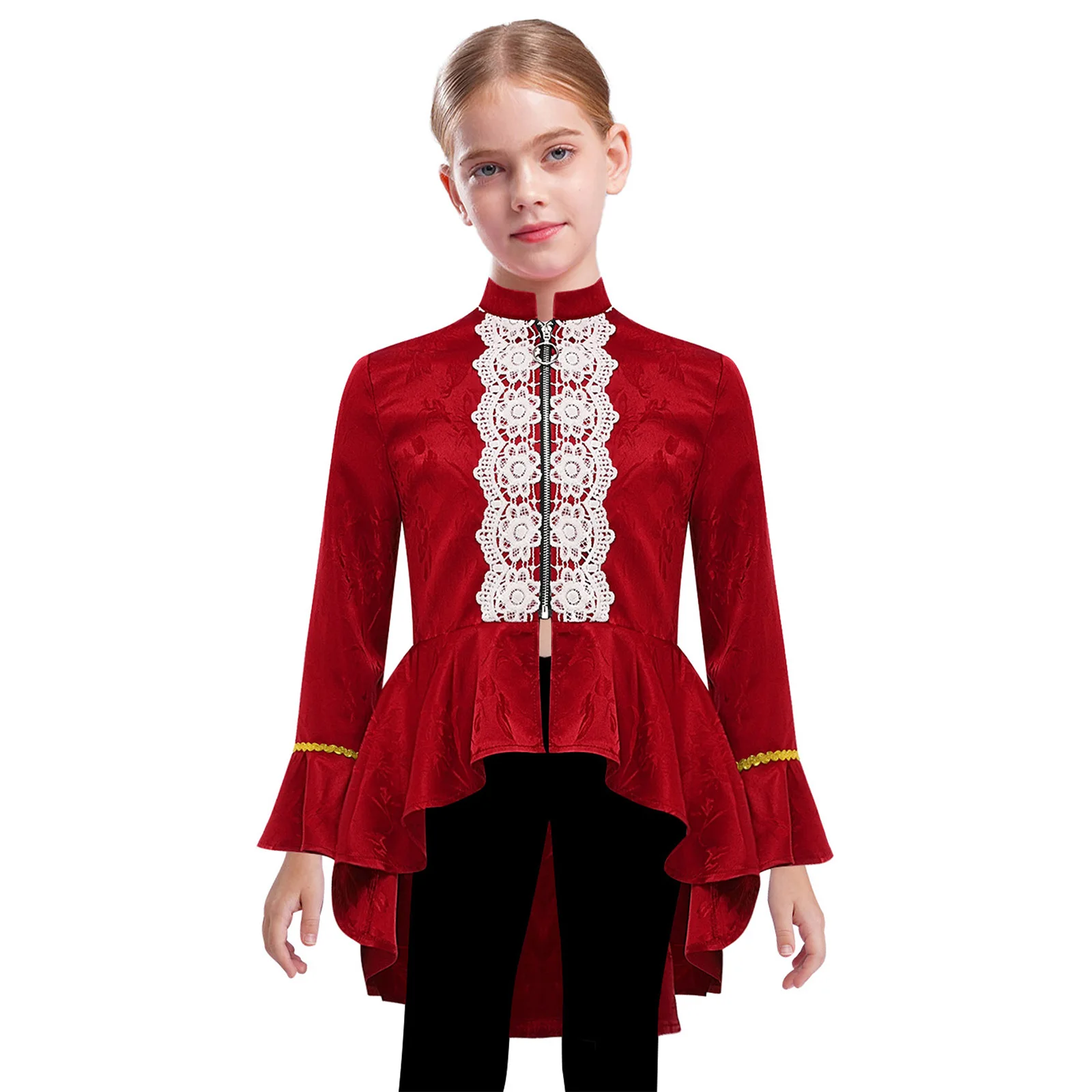 Girls Steampunk Victorian Pirate Tailcoat Halloween Medieval Renaissance Cosplay Costume Long Sleeves Lace Flounce Gothic Jacket