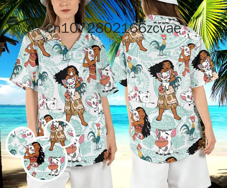 2024 Disney Moana and Maui Men and Women Hawaiian Shirt Land Trip Hawaiian Shirt Vacation Holiday Beach Short Sleeve Shirt