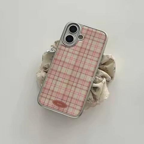 Korean Fashion Pink Grid Silver Border For IPhone 16 17 Promax Phone Case iPhone 15 Pro Minimalism Luxury 14 13 Plating Cover