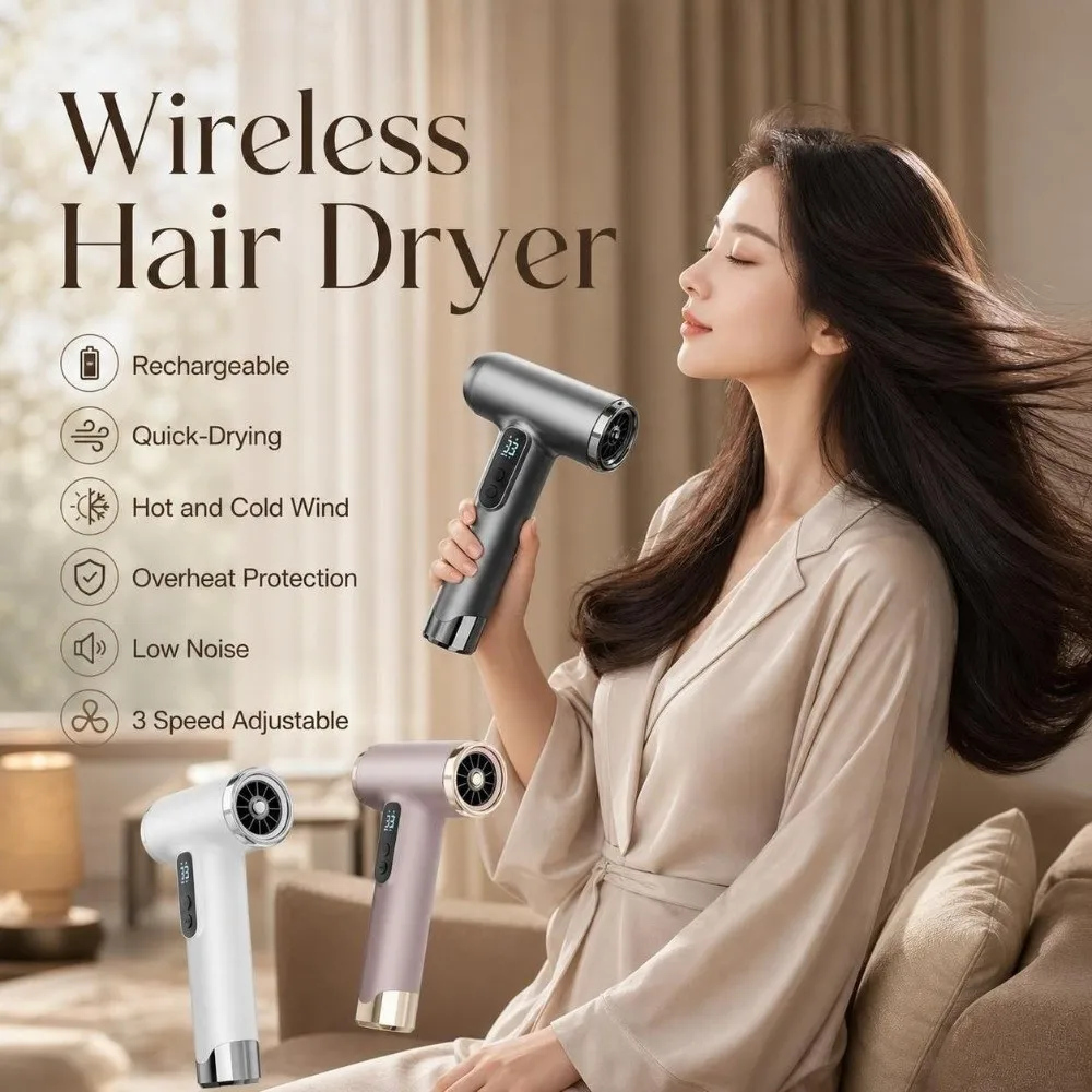 Rechargeable Wireless Hair Dryer Quick-Drying High-Speed Negative Ion Hair Dryer Low Noise 3 Speed Adjustable Hair Styling Tool