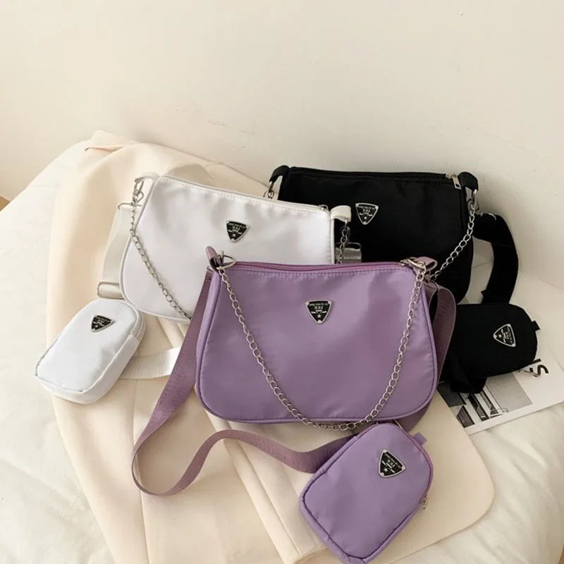 2 Sets Nylon Shoulder Bag Simple Solid Color Handbag Crossbody Bag with Chain Strap Fashion Daily Travel Multi-Purpose