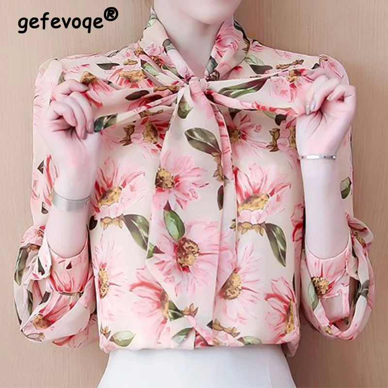 2023 Spring and Autumn New Chiffon Pullover Shirt Scarf Collar Bow Bandage Fragmented Floral Print Long Sleeve Loose Blouse