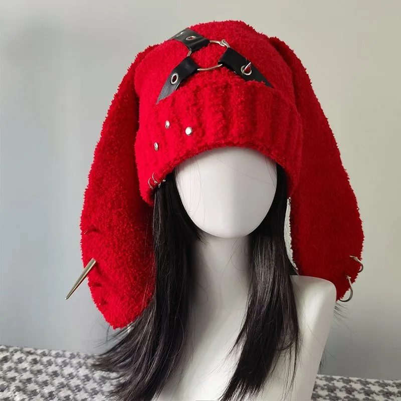 Women Knitted Plush Long Ear Beanie Hat, Rivet Decor Warm Winter Headwear, Street Style Soft Knit Cap for Photo Shooting Cosplay