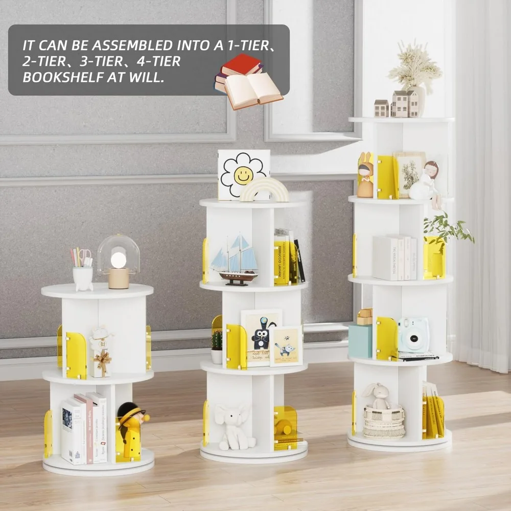 360° Rotating Bookshelf Tower, Round Stackable Storage Display Rack Floor Standing for Kids & Adults Solid Wood, White
