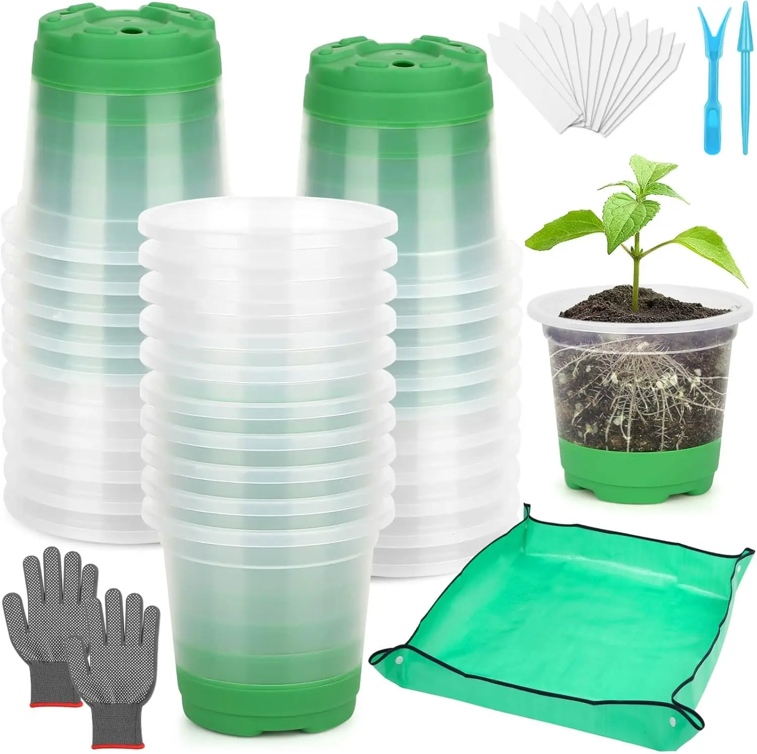 

55PCS Reusable Seed Starter Kit Includes 30 Packs 3.5" Clear Nursery Pots with Silicone Base, Repotting Mat, Gardening G