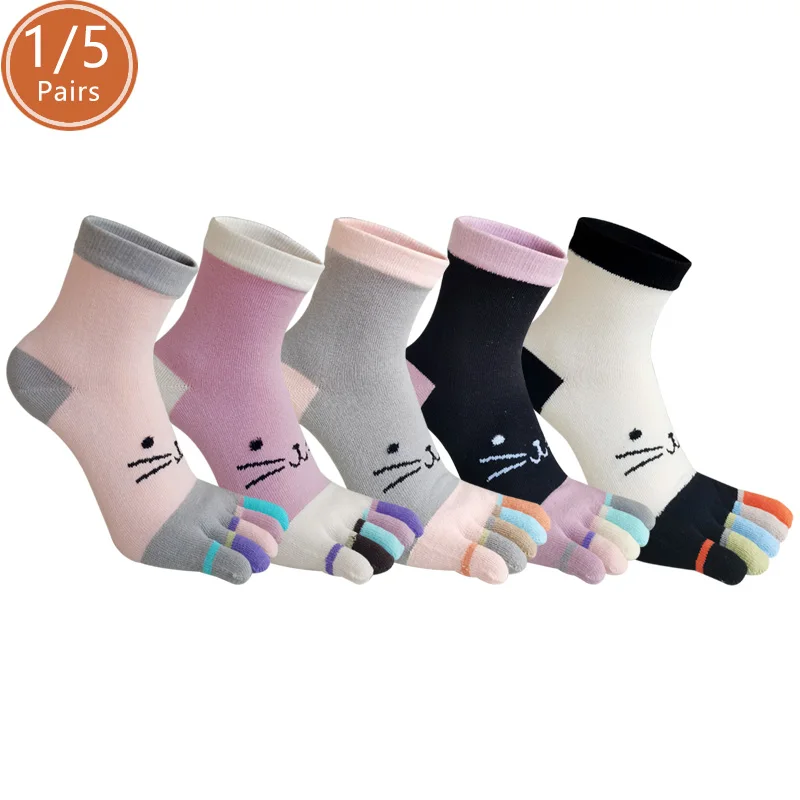 1/5 Paar Baumwoll-Fünf-Finger-Socken, kurz, für Damen, bunt, mit Katzen-Cartoon, weich, elastisch, atmungsaktiv, für junge Leute, lässig, Harajuku-Zehensocken für Mädchen