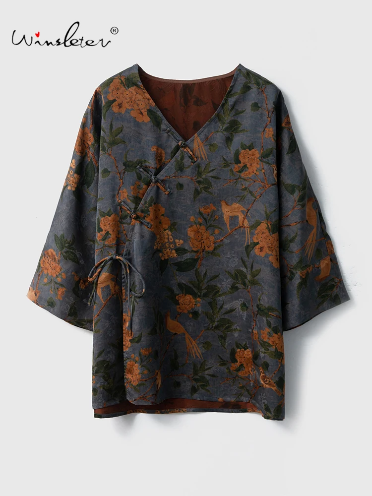 

Winsleter- 100%Real Silk Watered Gauze Elegant Shirt, V Neck Lace-up Print, Women Temperament Luxury Blouse, 2025 Fall T59514CC