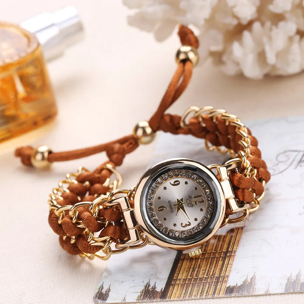 Watches For Women Pink Brown Knitting Rope Chain Winding Watch Analog Quartz Movement Mini Round Retro Wrist Watch