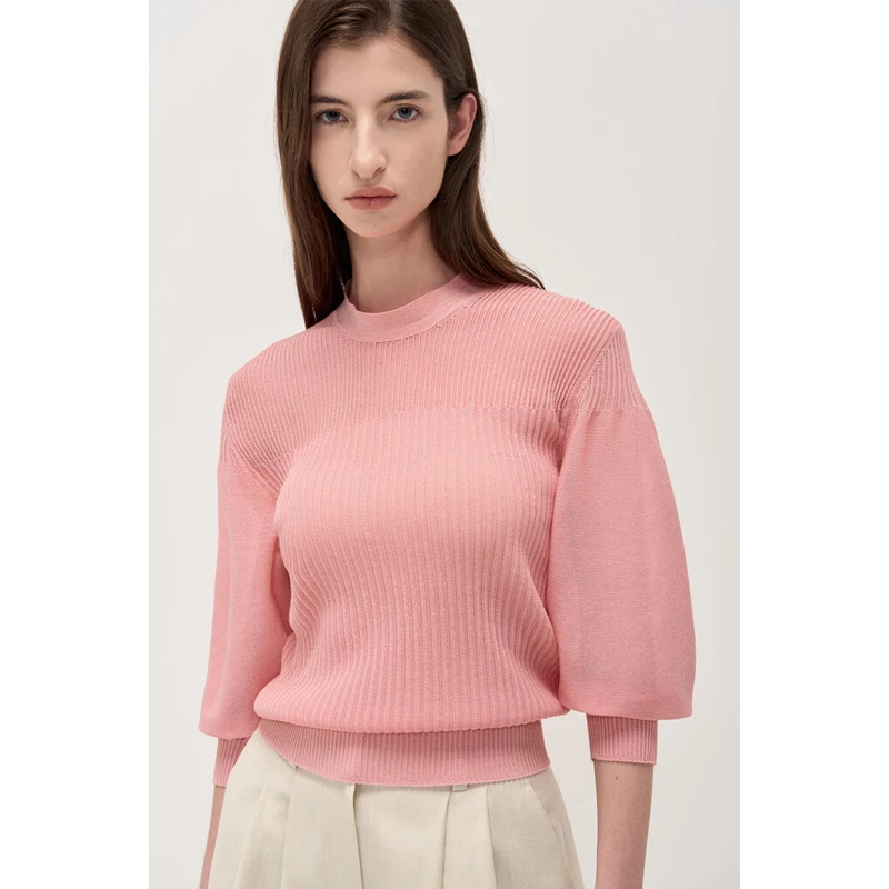 

Transparent Gentle Spring Summer Women's Knitted Sweater with Sa f-Transparent Lantern Sve Stand Collar Tee Colors