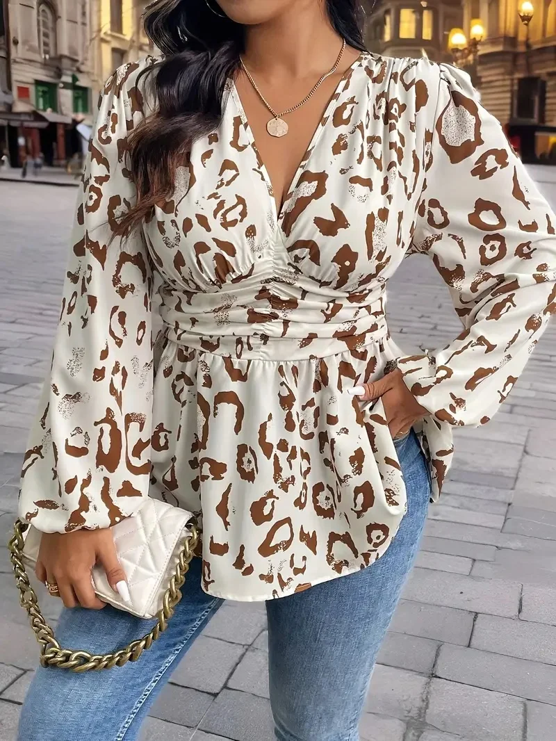 Neues Leopardenmuster Modisches und Elegantes Übergrößen-Damen-Langarmhemd mit Taillenbetonung – Detail 5