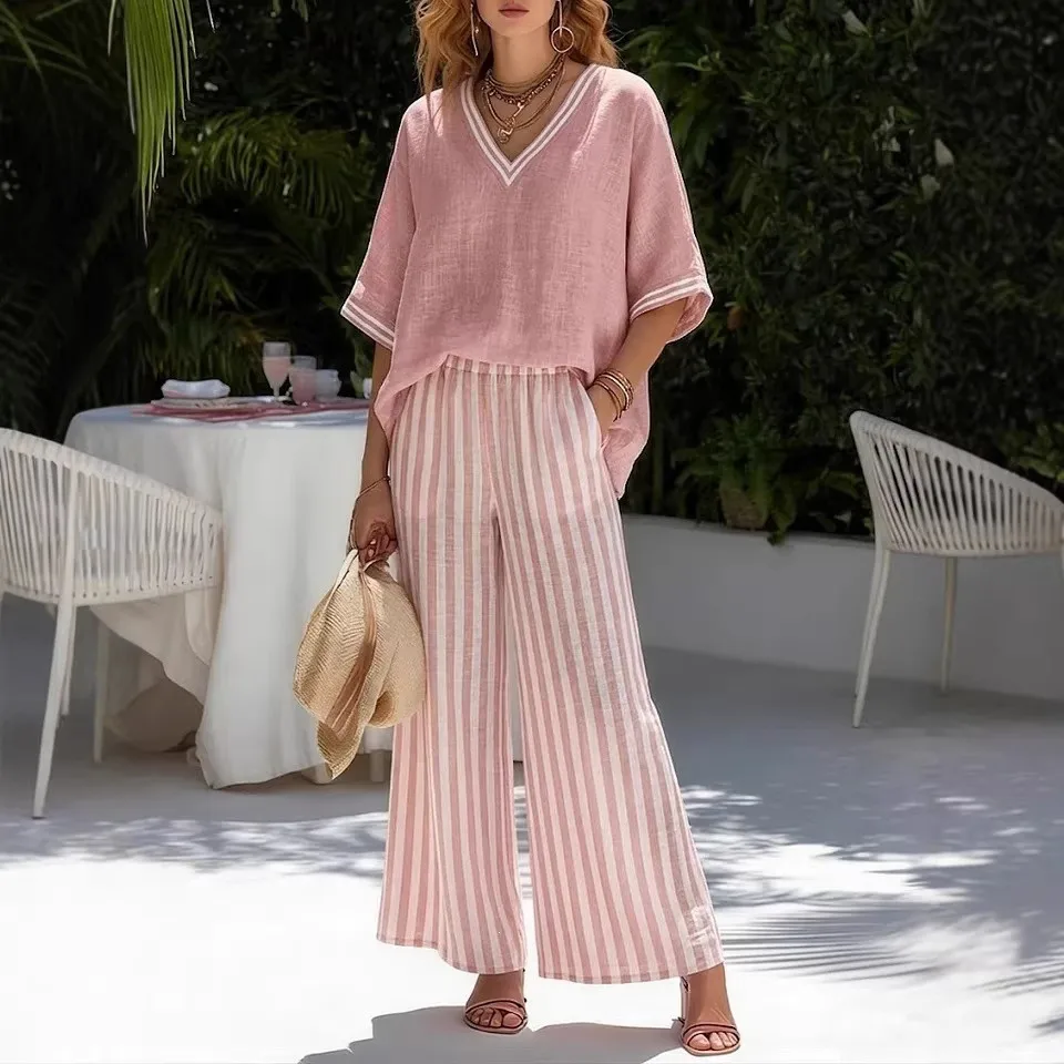 

Summer Women's Clothing Striped V Neck Three Quarter Sleeve Casual Outfits Elegant Wide Leg Pants Set Polyester Linen