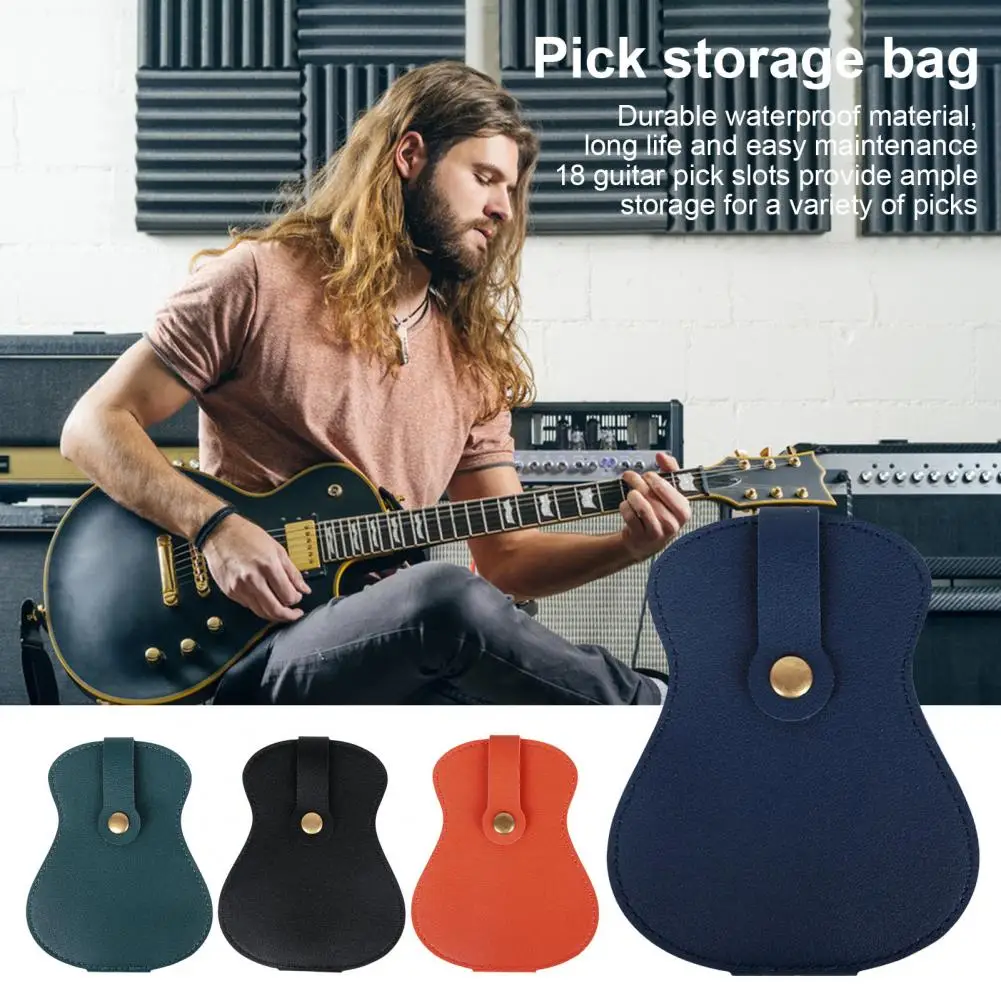 Guitar Pick Storage Case 18 Slots Faux Leather Guitar-Shaped Pick Bag Bass Guitar Pick Storage Pouch Organizer For Guitar Lovers