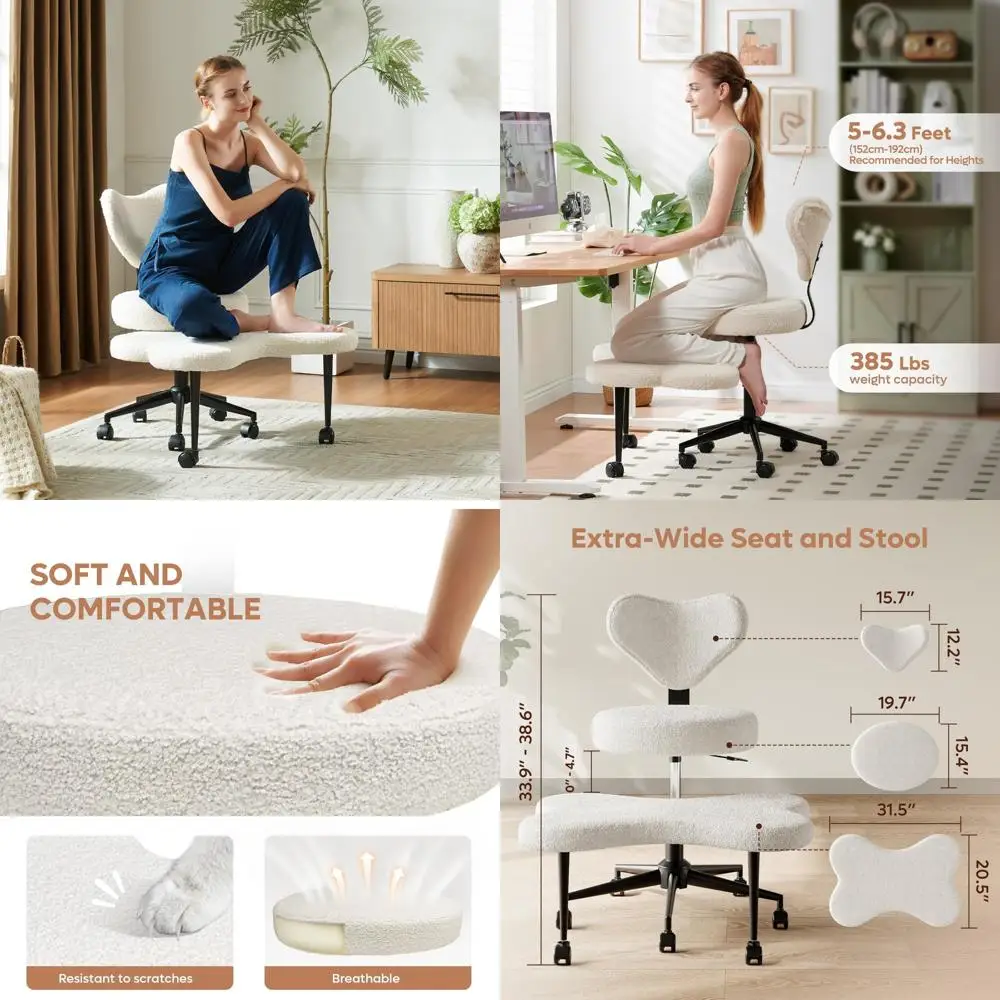 Silla ergonómica con patas cruzadas, 360 ° Silla de meditación giratoria con ruedas, asiento regulable en altura para TDAH, soporte lumbar fuerte,