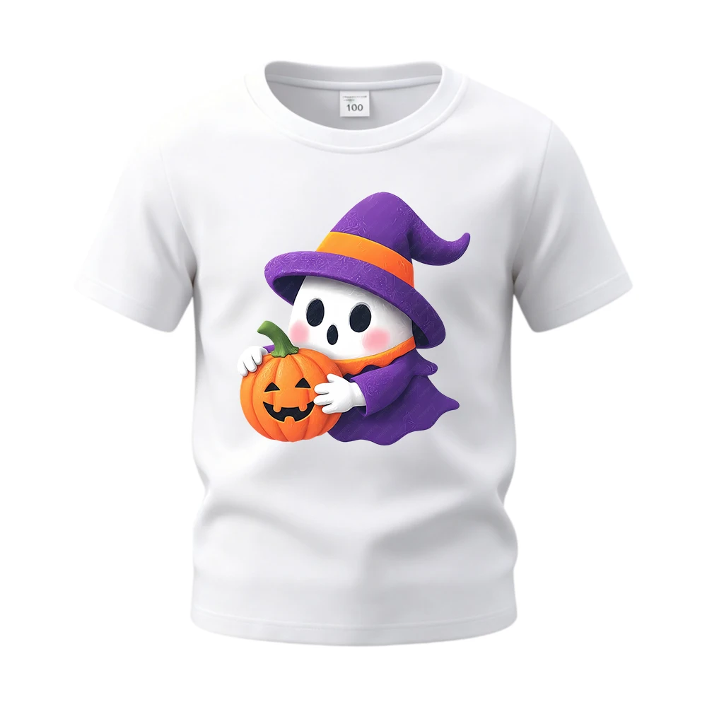 Cute Ghost Witch Children Daily Basic Cotton Shirts Short Sleeve Halloween T‑Shirt Tops Tees Outfit for Boys Girls Kids