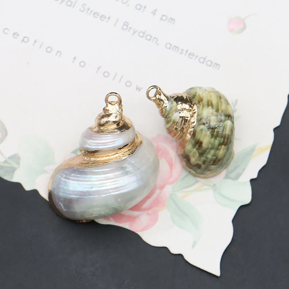 Green/White Snail Shell-Shaped Natural Shells With Gold-Plated Edge Design Single-Hole Pendants Jewelry Accessories 5 Pcs/Pack
