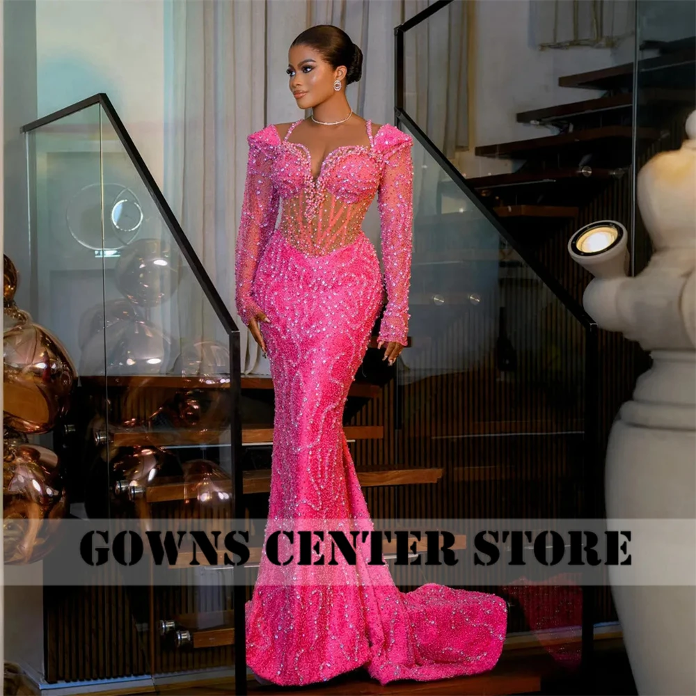 Hot Pink Long Sleeves Aso Ebi Evening Dress Silvery Beaded Crystal Mermaid Ladies Dress For Special Occasion African Customized