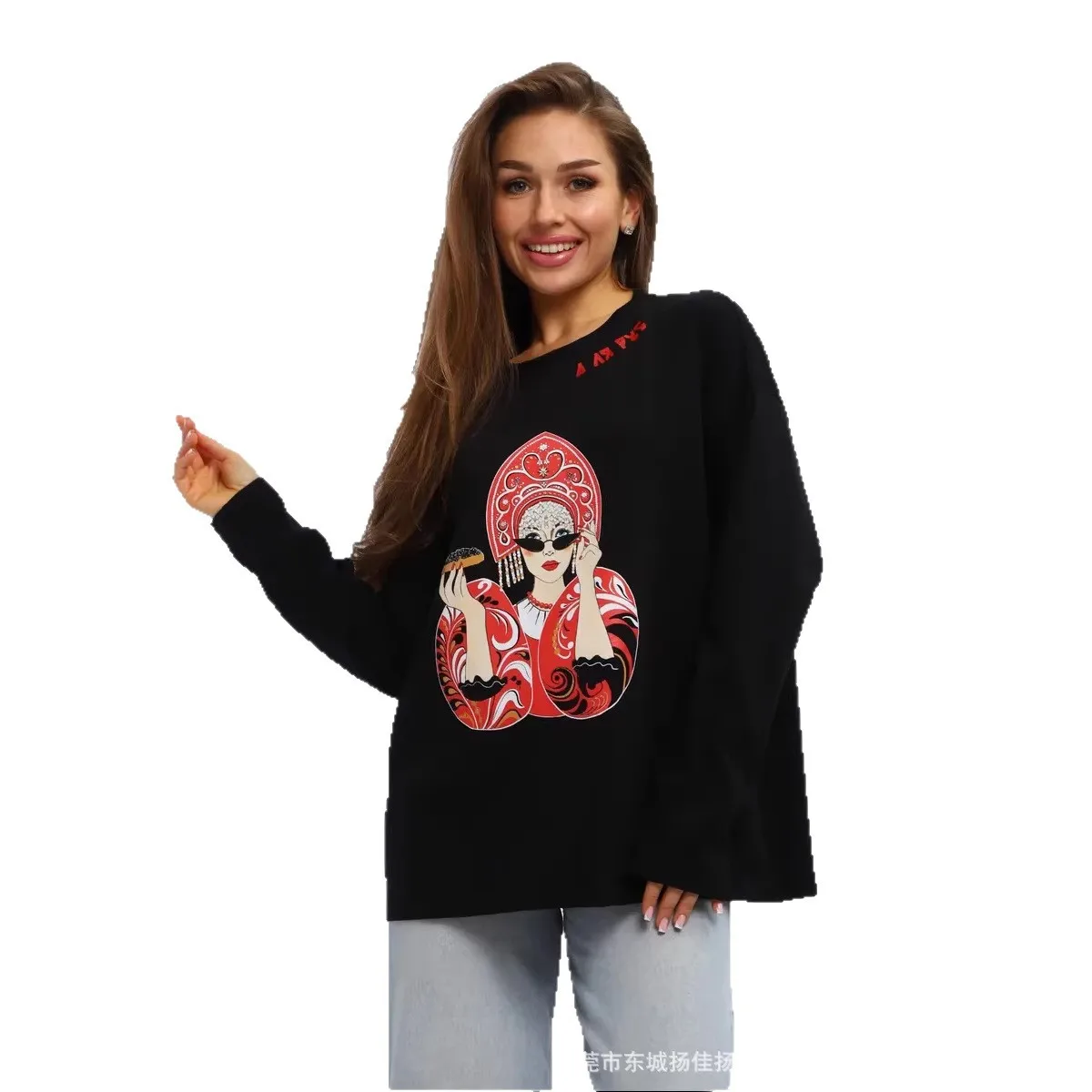 Chic Vintage Russian Folk Style T-shirt Women's 100% Cotton Cool Kokoshnik Print Oversized Long Sleeve Tee Sweet Lady Girls New