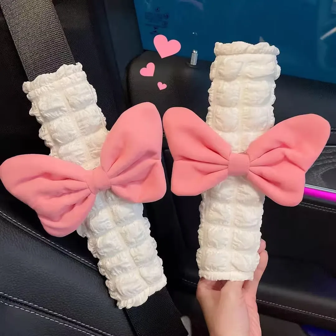Cute Pink Bow Puff Plush Car Seat Belt Cover Soft Seatbelt Shoulder Pad Protector Auto Neck Support Cushion For Women Girls