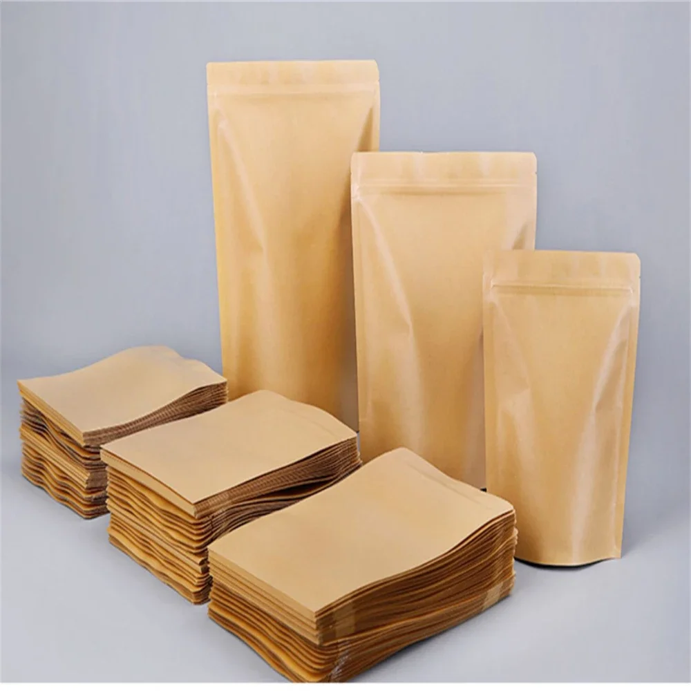 50 pcs Packing Zip Kraft Paper Window Bag Stand Up Gift Dried Food Fruit Tea Packaging Pouches Zipper Self Sealing Bags