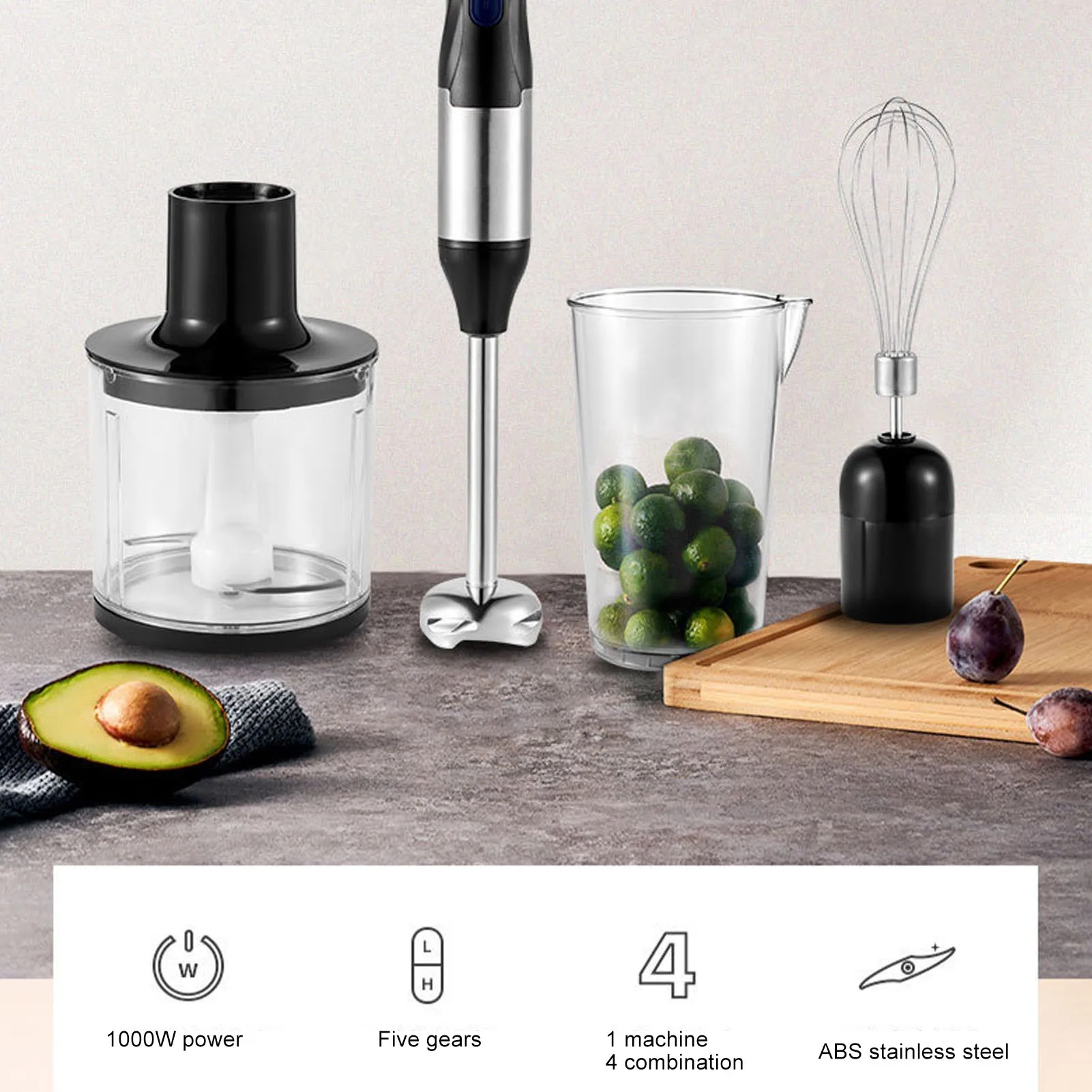 Electric Stick Hand Immersion Blender 1000W Powerful 4-in-1 Stainless Steel Stick Food Mixer Mixing Beaker Processor Whisk