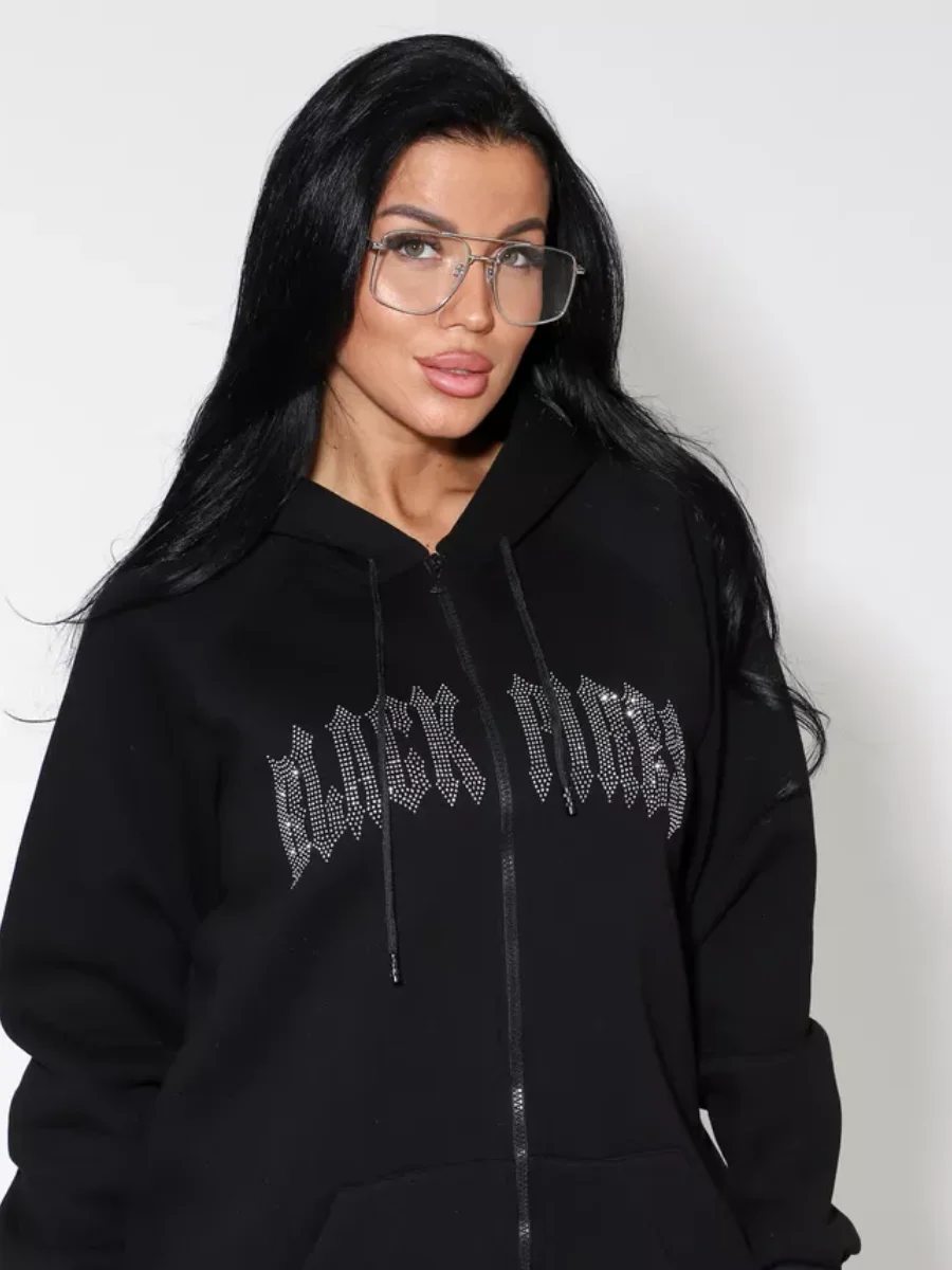 Autumn and Winter Women's Beautiful Diamond Crystal Letter Pattern Hoodie Zipper Open Collar Punk Rock Hip Hop Hoodie