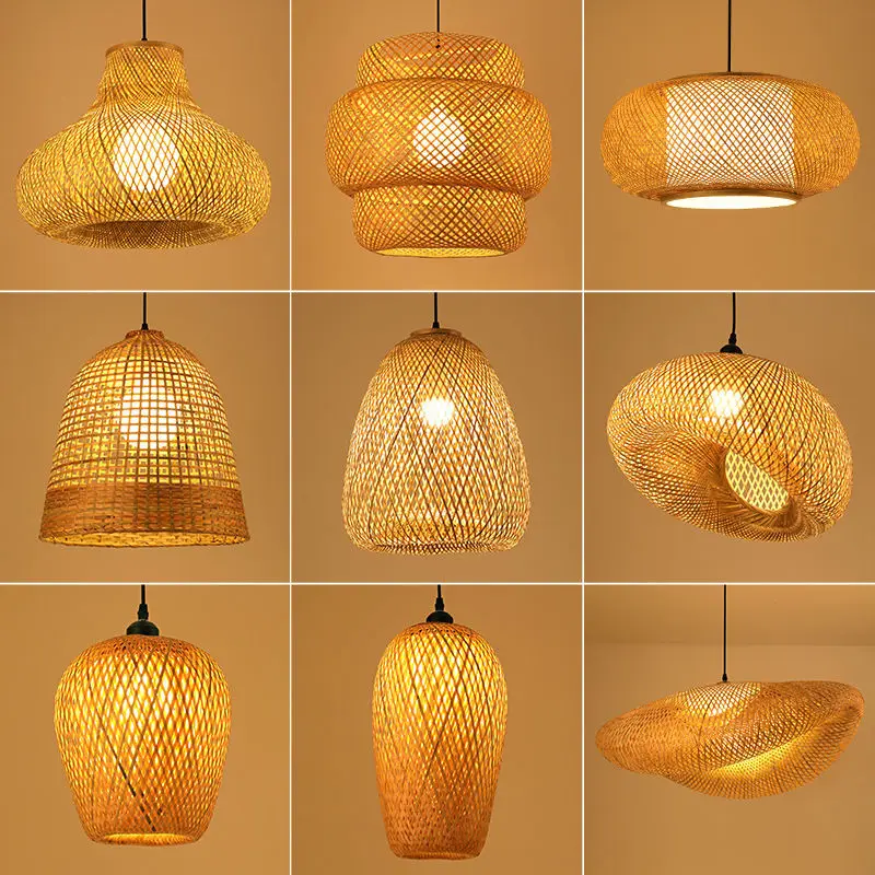 Bamboo Wicker Rattan Lampshade Rustic Pendant Lamp Weaving Hanging  Restaurant Kitchen Chandelier Dining Room Lampe-Rattan Lamp