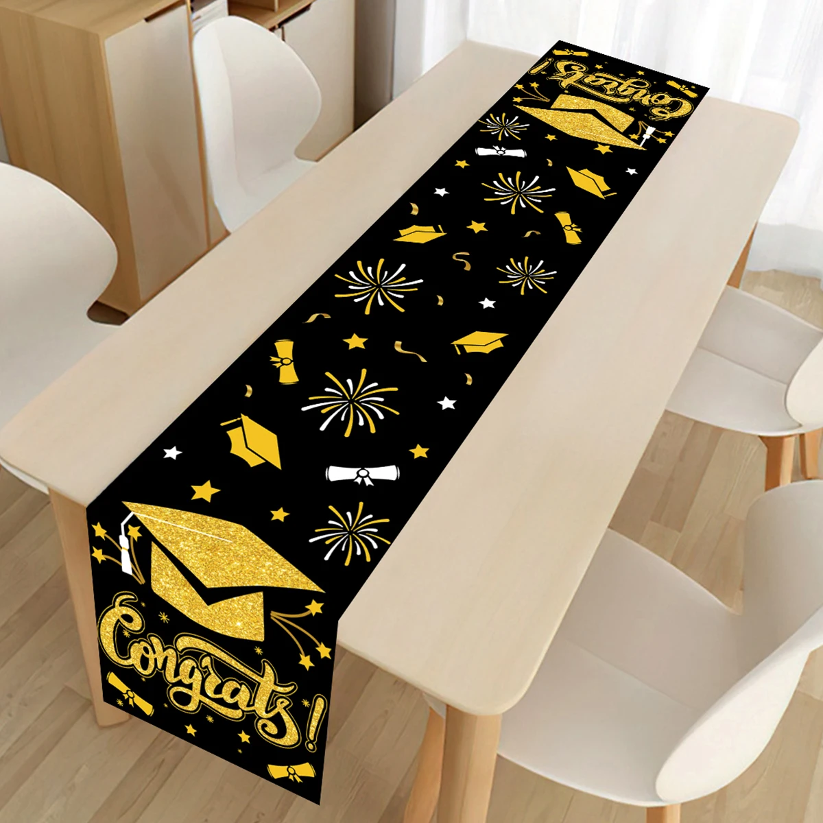 Graduation Table Runner Graduation Decorations 2025 Black Gold Polyester Graduation Table Cloth Prom Grad Party Table Decoration