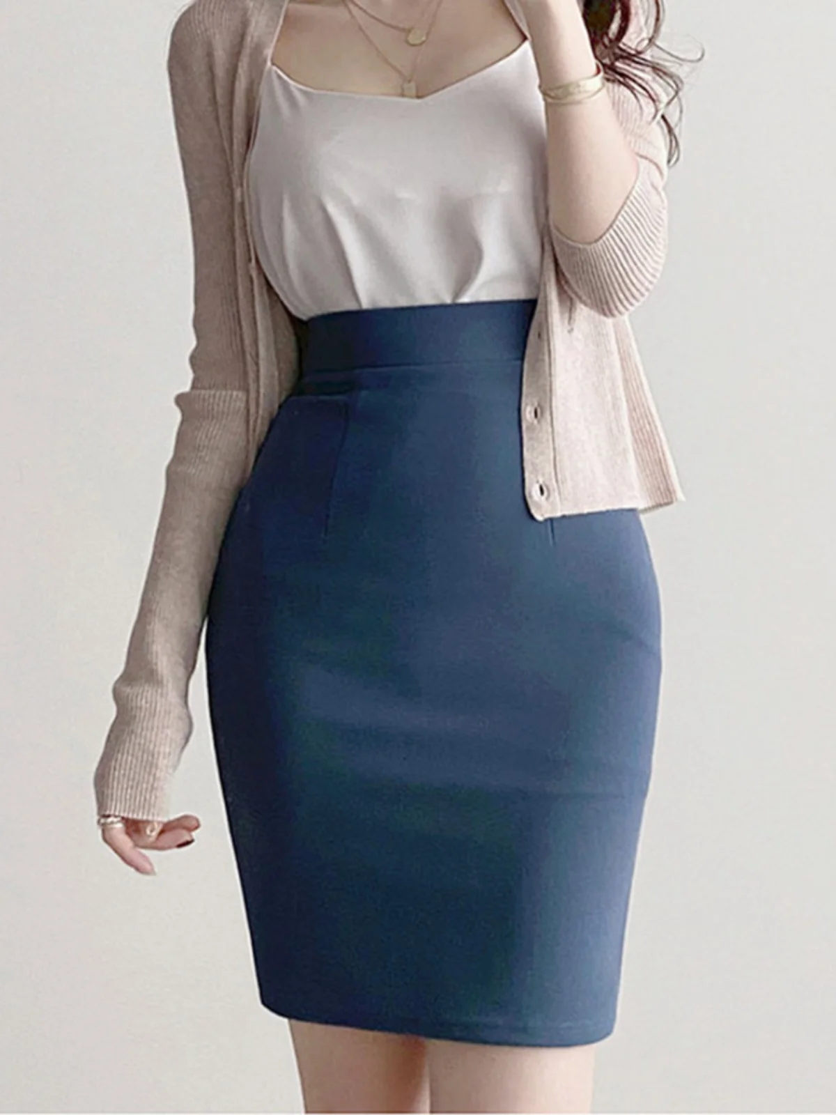 

High Waist Elastic Bodycon Skirt Asymmetrical Zipper Busin OL Sle Mid-Length A-Line Skirt for Women Bla Color