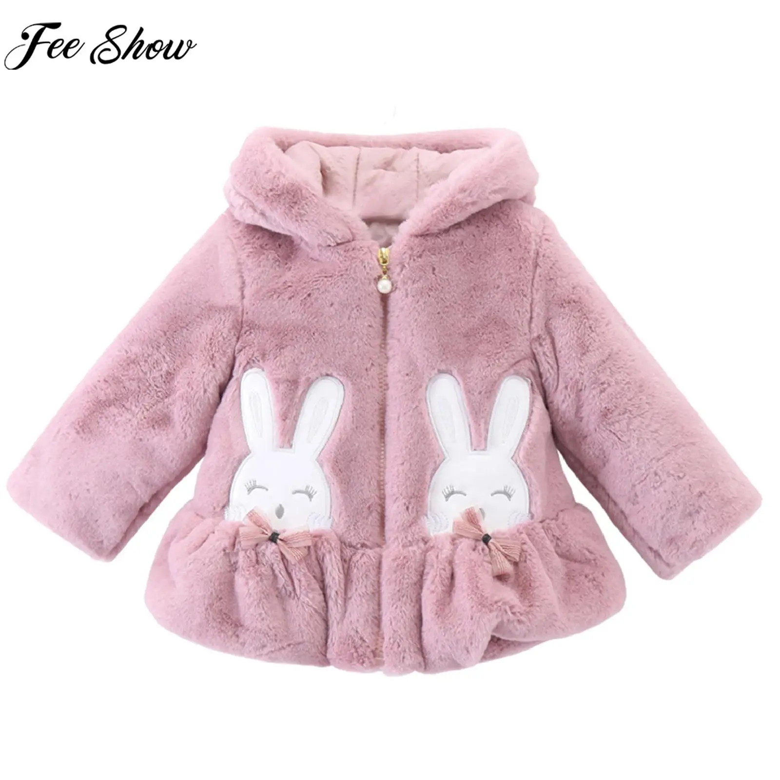 

Baby Girls Cute Rabbit Fuzzy Warm Hooded Coat Long Sleeve Zipper Winter Windproof Jacket Outerwear for Daily School Birthday