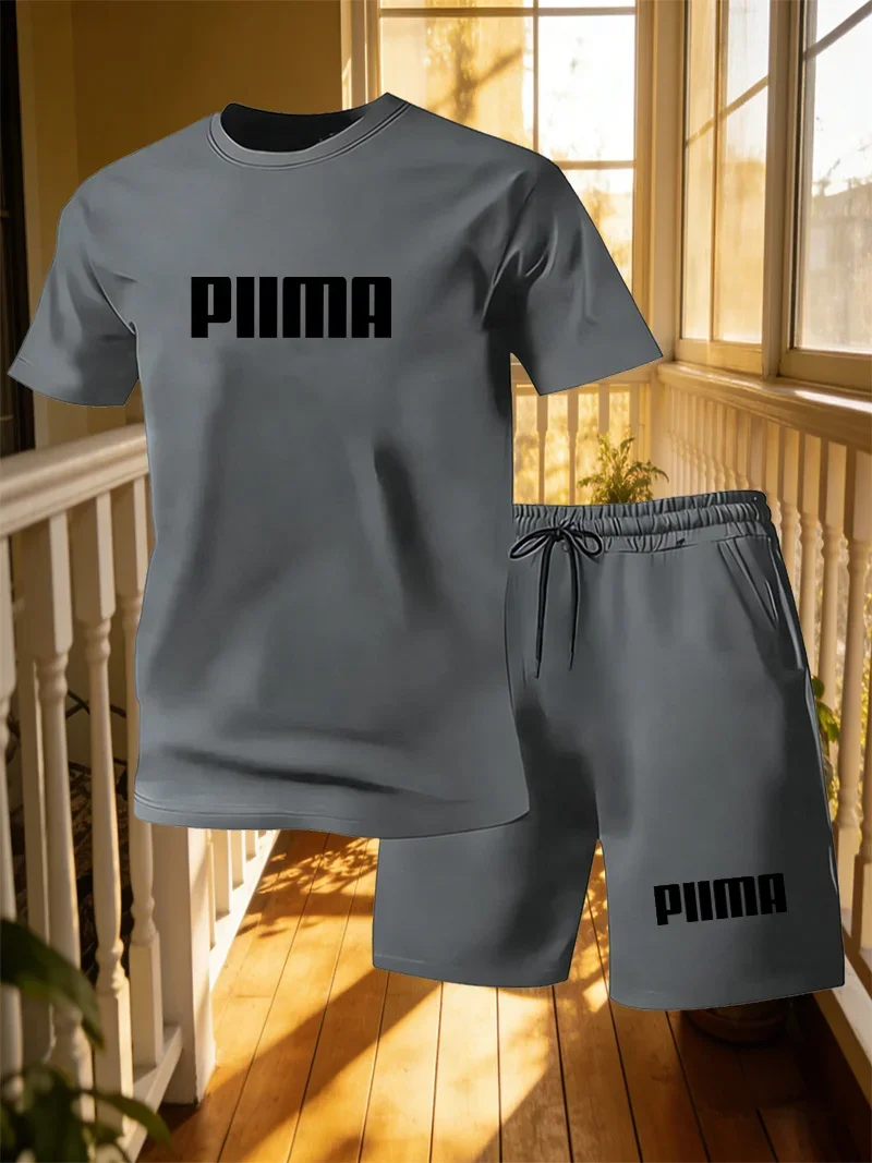 New men's short sleeved T-shirt+shorts sports suit personalized design letter print summer casual loose 2-piece set view 5