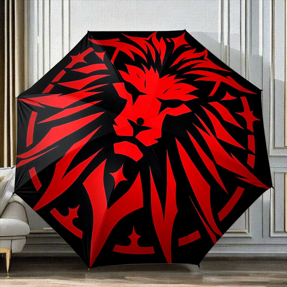 Fierce Red Lion Head Graphic on Black Background Umbrella Design Portable Folding Umbrella, Gift for Family And Friends
