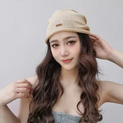 Spring Autumn New Breathable Knitted Linen Sewn Leather Label Beanie Hat Lady 's Solid Skullies & Beanies